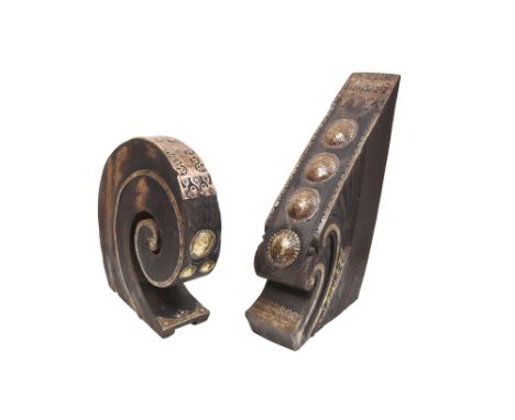 TWO INDIAN WOODEN ARCHITECTURAL DECORATIVE ELEMENTS WITH BRASS MOUNTS AN EYE FOR DETAIL: PROPERTY FROM A PRIVATE ESTATE IN NO