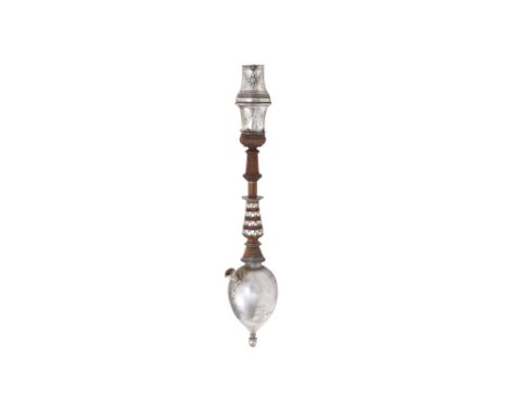AN IRANIAN SILVER WATER PIPE (QALYAN) SET WITH ITS WOODEN STEM, SILVER BOWL AND STAND Late Qajar Iran, ca. 1880 - 1920The sil