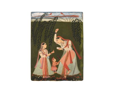 A GARDEN SCENE: A FEMALE COURTIER AND A CHILD EN PLEIN AIR Possibly Bundi or Provincial Pahari School, North India, 19th cent