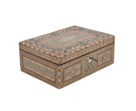 λ A QAJAR STAINED WOOD AND IVORY MICRO-MOSAIC KHATAMKARI LIDDED BOX WITH NASTA'LIQ CALLIGRAPHY Qajar Iran, circa 1870 - 1890O