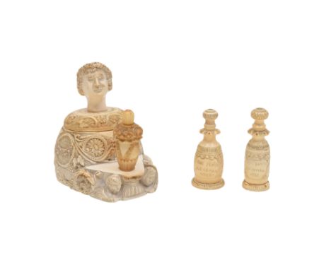 A NEAR PAIR OF CARVED TURKISH MEERSCHAUM COSMETIC BOTTLES AND A LARGE COSMETIC POWDER CONTAINER Eskişehir, North-Western Turk