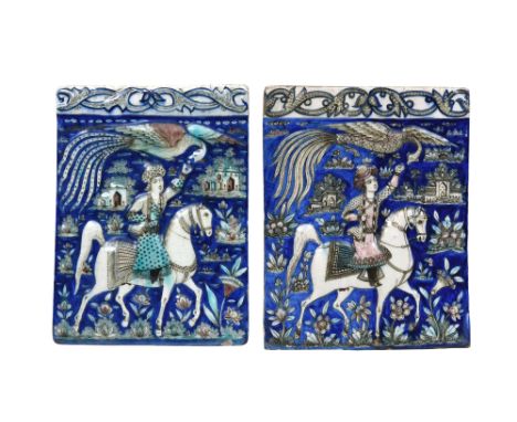 A NEAR PAIR OF POLYCHROME-PAINTED MOULDED QAJAR POTTERY TILES WITH RIDERS Qajar Iran, 19th centuryEach of rectangular shape, 