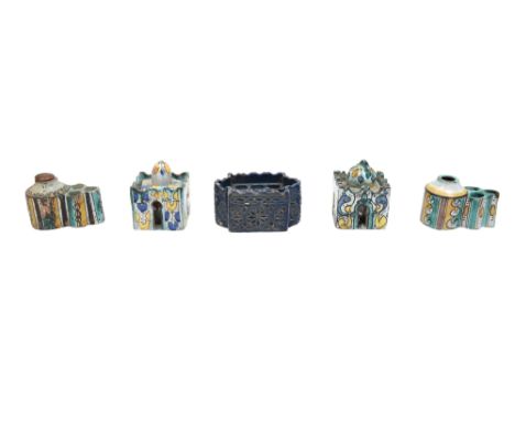 FIVE MOROCCAN POTTERY INKWELLS Morocco, North Africa, ca. 1900sComprising a monochrome cobalt blue-glazed inkwell, of rectang