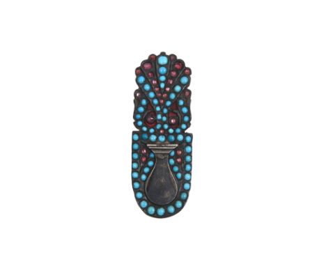 A TURQUOISE AND GARNET-ENCRUSTED WHITE METAL PEN CASE INKWELL (DAWAT) Qajar Iran made for the Ottoman Turkish market, second 