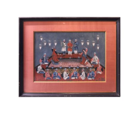 A REVERSE GLASS PAINTING OF AN INDIAN MUSICAL GATHERING IN A PALACE INTERIOR China made for the Indian export market, 19th ce