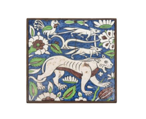 A RARE CANTAGALLI OTTOMAN DAMASCUS-STYLE POTTERY TILE WITH WILD ANIMALS AND FLOWERS Cantagalli manufacture, Florence, Italy, 