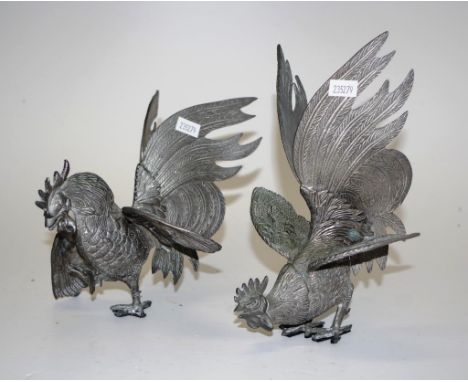 Pair of vintage metal fighting cockerels height 22.5cm approx