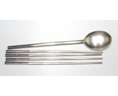 Pair of Oriental silver chopsticks &amp; a spoon tests as silver, with enamel decoration, approximate total weight 150 grams