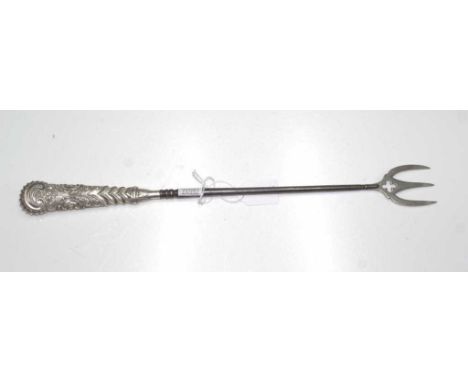 Victorian silver plated serving fork marked GS, 35cm long approx.