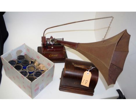 Edison Gem phonograph SN317755D (3 October 1905), with Model K reproducer, winder, cover , horn, crane and and 10 record roll