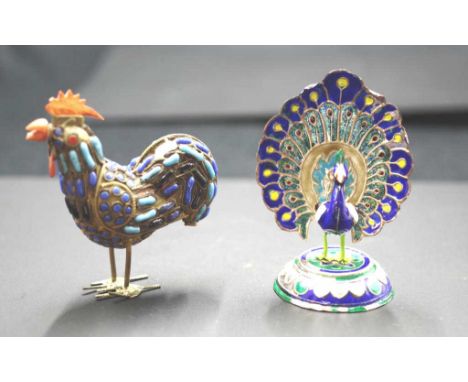Chinese semi precious stone metal rooster figure height 8cm approx, together with a silver &amp; enamel peacock figure marked