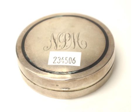 George V sterling silver compact hallmarked Birmingham 1923, makers mark rubbed, with enamel  and engraved initials to top (s