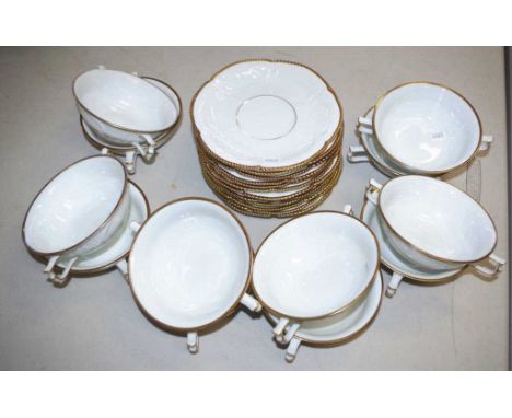 Vintage Rosenthal 'Sans Souci' set soup bowls comprising 12 dual handled soup bowls, and under plates, each with decorated gi