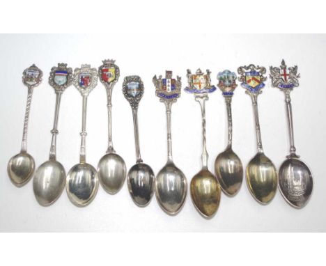 Ten Silver and enamel souvenir teaspoons all with various hallmarks, approximate total weight 120 grams
