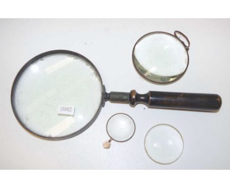 Vintage wooden handle magnifying glass wooden handle to metal framed magnifying glass, (height 27cm approx); together with 3 