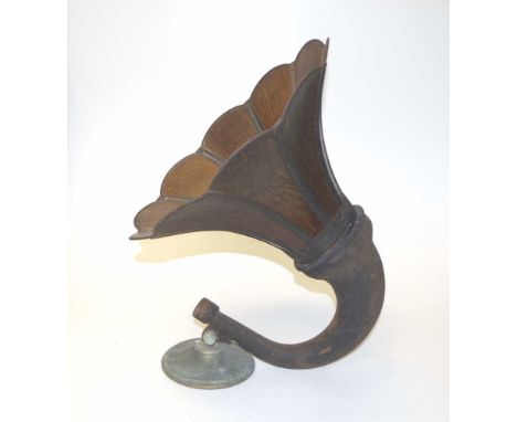 Two part phonograph horn with wooded top, screws in to metal base. Opening 39cm at top. 52cm high.