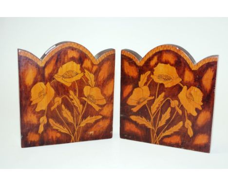 Vintage pair craved wood decorated bookends each wooden bookend with inscribed blossom decoration, (height 17cm approx, each)