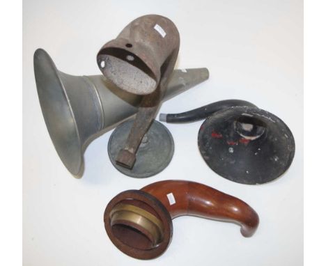 Two antique phonograph horns and 2 other components, 28cm - 38cm long approx.