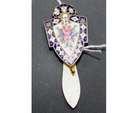 Antique enamel &amp; gilt metal bookmark with floral decoration