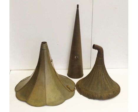 Three antique phonograph / gramophone horns (one with rusted bell), 45cm - 70cm long approx