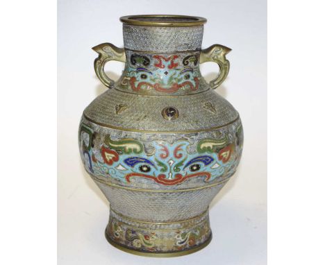 Large Chinese Champleve enamel twin handle vase height 30cm approx