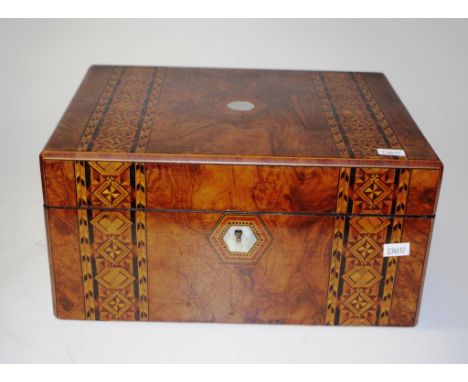 Vintage inlaid wood document box inlaid wood decoration to lid and facing, with inset Mother of Pearl shield and key escutche