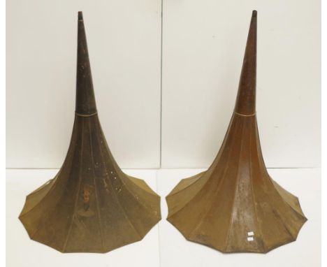 Two similar antique phonograph horns 83cm long, 59cm diameter approx