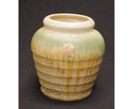 Vintage Remued Australian pottery vase green drip glaze decoration on yellow ground, with original paper label attached, and 