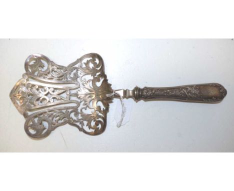 Vintage silver plate cake slice with decorated pierced blade, and monogrammed handle, (length 30cm approx).