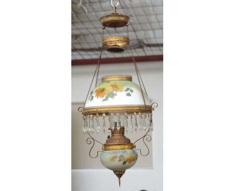 Antique kerosene ceiling lamp with glass shade and reservoir cover, 36cm diameter, 90cm high approx