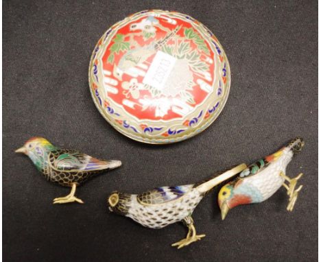 Three Chinese cloisonne bird figurines together with a Chinese cloisonne lidded trinket box
