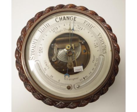 Vintage wood &amp; brass cased wall barometer marked to dial for  Whyte THompson &amp; Co, Glasgow, brass cased dial, on carv