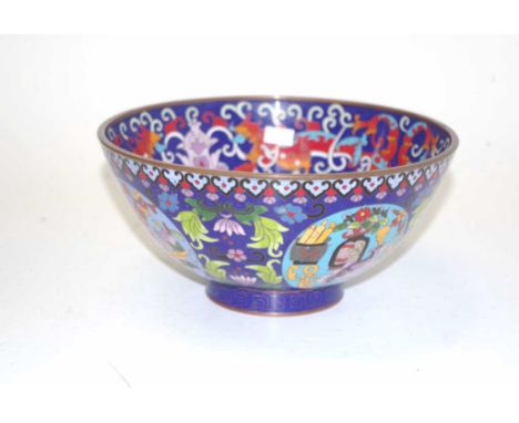 Good Chinese cloisonne enamel bowl blossom decorated on blue ground, character mark applied to base, (height 11cm; diameter 2