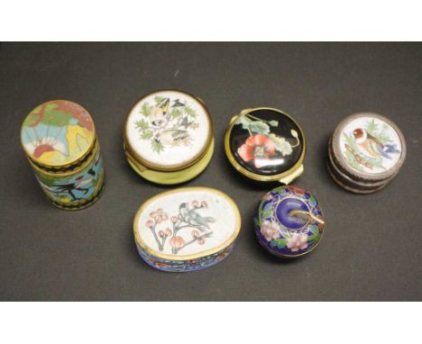 Six various enamel trinket boxes including Halcyon days, Bilston and Battersea, and Cloisonne