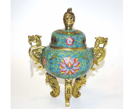 Chinese cloisonne enamel decorated censer blossom decorated on turquoise ground, decorative dragon head handles, dragon head 