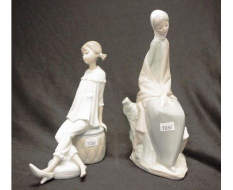 Lladro young girl seated on a barrel together with a young lady Nao figurine, height 24cm approx (tallest)