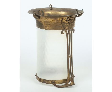 An Art Nouveau gilt metal light fitting with cylindrical vaseline glass shade, 29.5cm. Condition Report. To be used as a guid