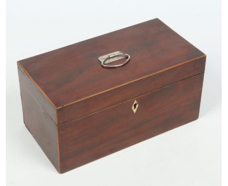 A Georgian mahogany tea caddy. With silver plated handle engraved E. Smith, banded in boxwood and with ivory diamond escutche