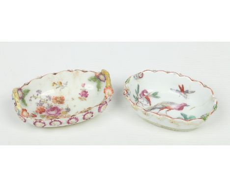Two small Chelsea baskets. Each ozier moulded and with applied flower heads, one with twin rope twist handles and enamelled w