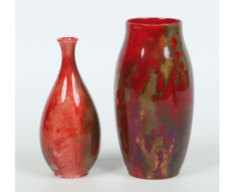 Two Royal Doulton Flambe vases decorated in red and yellow glazes. Printed marks, the smaller monogrammed F. M. for Fred Moor