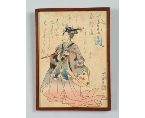A Japanese Edo period framed woodblock print of a ceremonial figure and with poem inscription. Signed and with red seal mark,