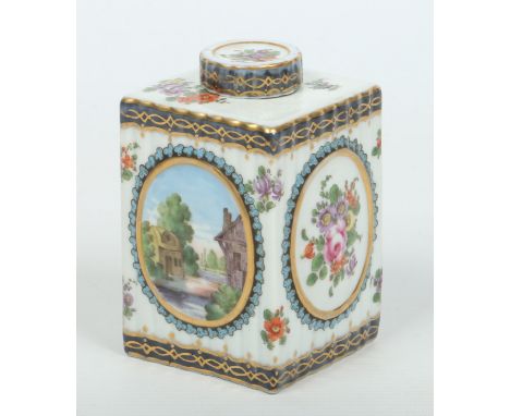 A 19th century Sampson fluted square tea caddy and cover after a Worcester original. Painted with Earl of Dalhousie type pane