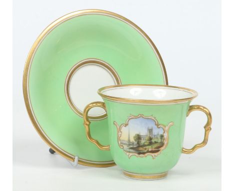 A Worcester Flight, Barr & Barr twin handled chocolate cup and stand. Green ground, edged in gilt and the cup with a cartouch