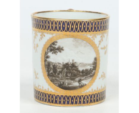 A Chamberlain Worcester small mug. With cobalt blue and gilt borders, R. R. ciphers and a monochrome enamelled roundel with a