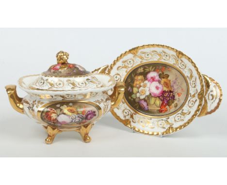 An early Rockingham cream bowl, cover and stand. With rose moulded finial and having gadroon and anthemion moulded borders. W
