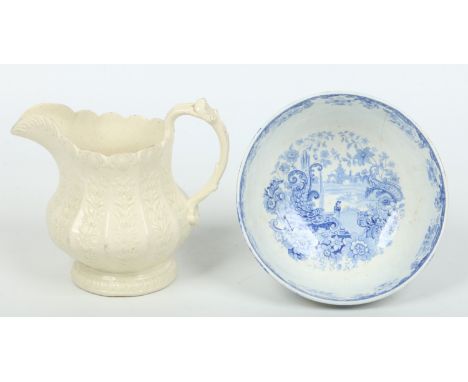 A Don pottery bowl printed in blue with the Oriental Fountain pattern and a Don pottery jug with cream glaze, of faceted balu