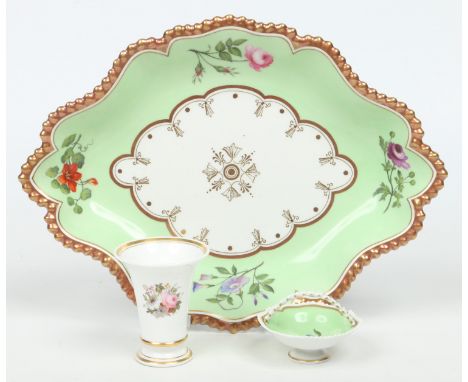 A Worcester Flight, Barr & Barr gadroon moulded lozenge dish, green ground and enamelled with flowers, a similar miniature Wo