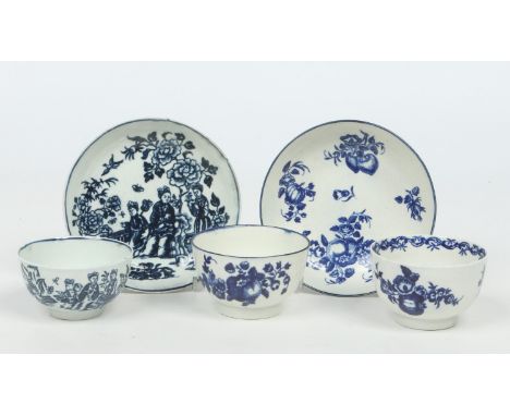 Three 18th century English porcelain tea bowls and two saucers. Decorated in underglaze blue (5).  Condition Report. To be us