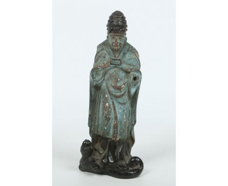 A 19th century Chinese carved polychrome wood statue. Formed as an immortal dressed in a flowing robe, 31cm. Condition Report