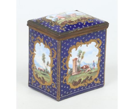 An 18th century Staffordshire enamel tea caddy of oblong form. Ground in gros bleu, with Rococo style gilt cartouches contain